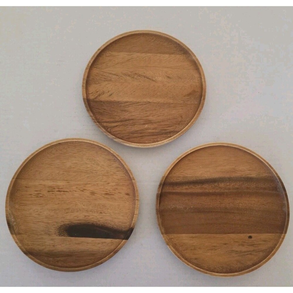 Set of 3 7" Teak Wood Roro Salad Appetizer Dessert Plates Thailand Decorative